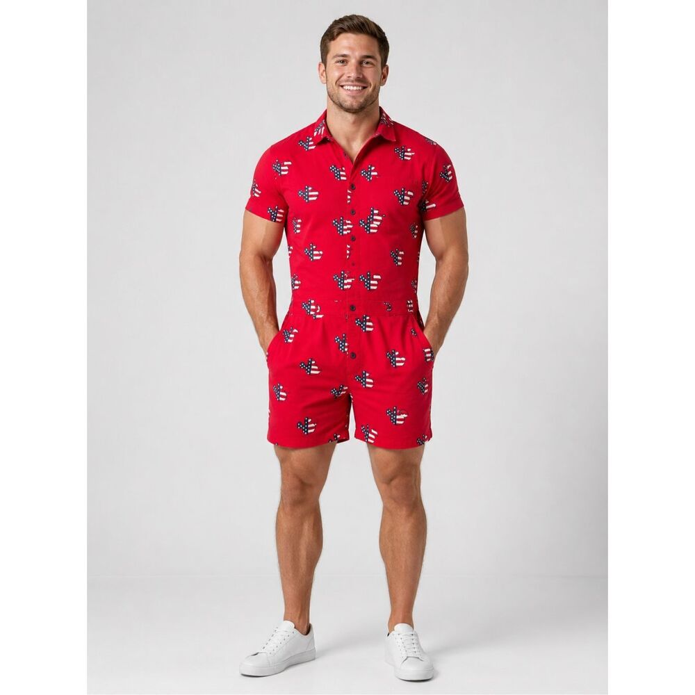 Disney Unisex Red Mickey Mouse American Flag Print Cotton Romper Size Medium
